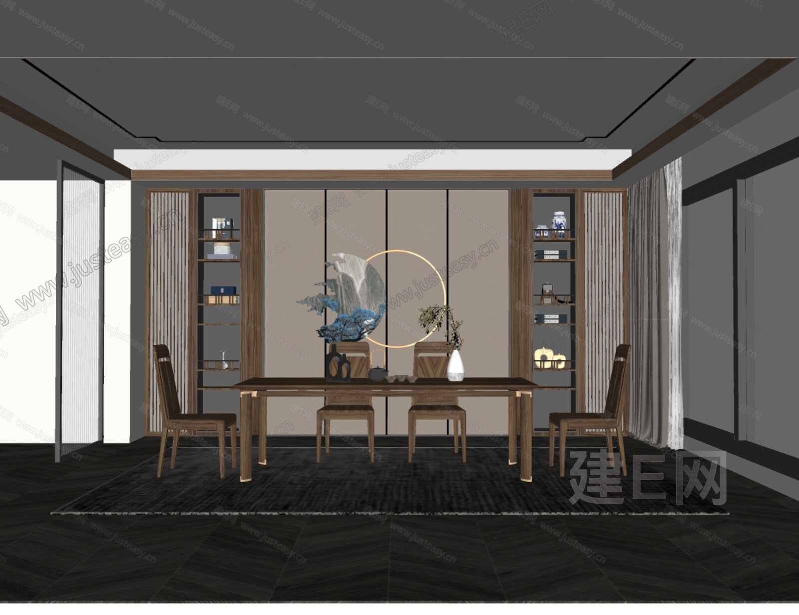 新中式餐厅SU模型下载[ID:105662772]，新中式餐厅，SU模型下载