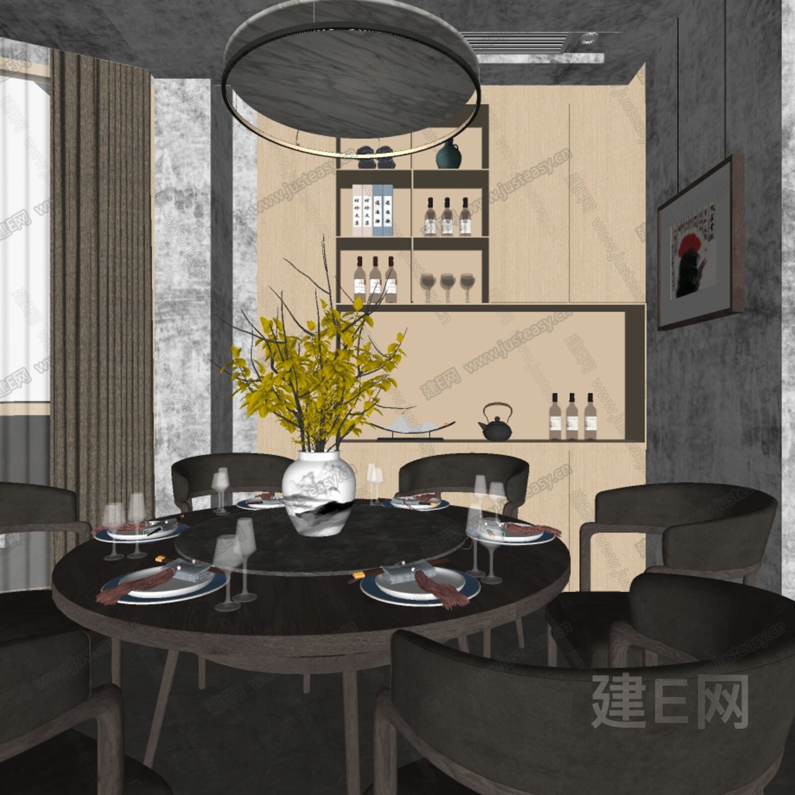 新中式餐厅模型SU模型下载[ID:105793971]_建E室内设计网