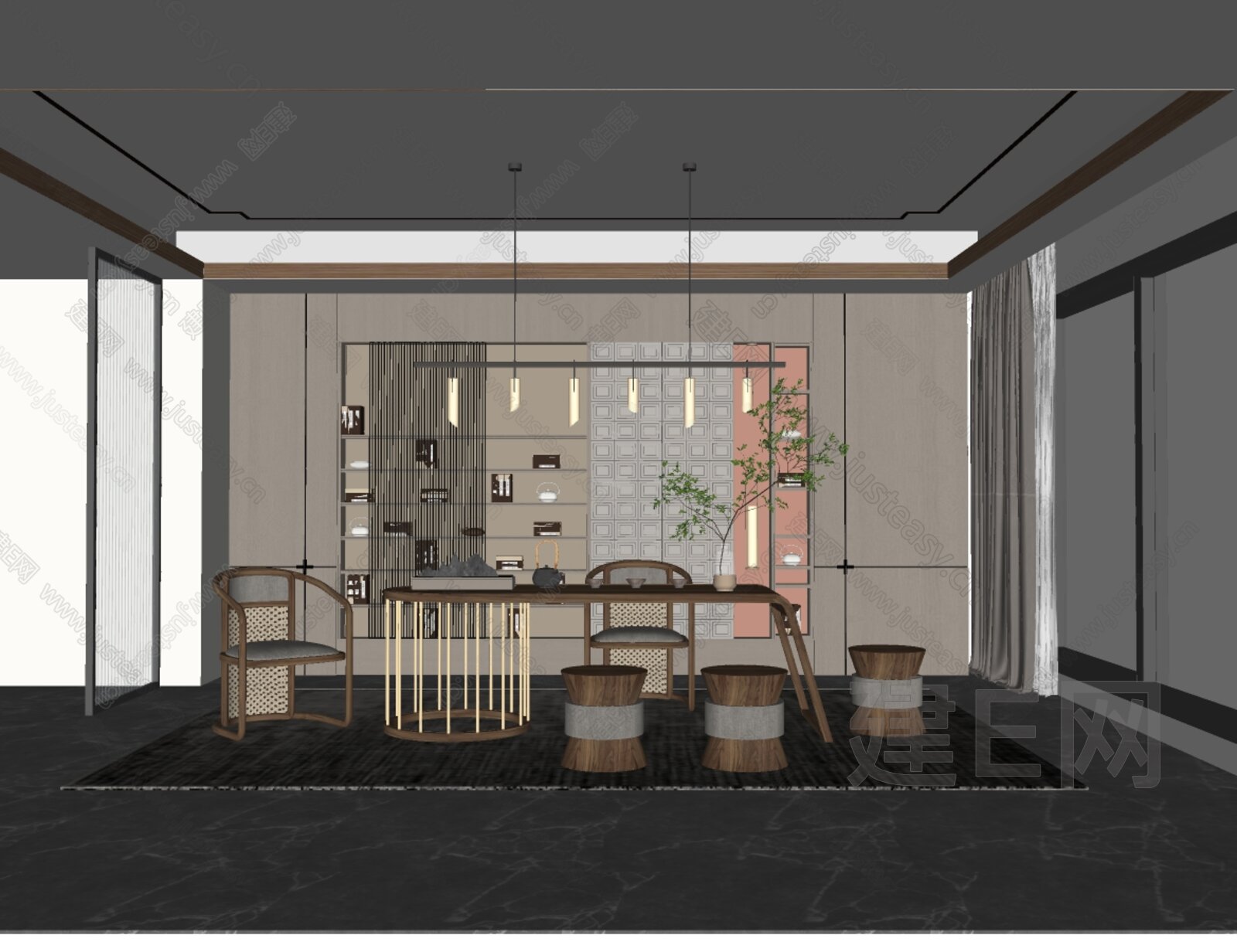 新中式茶室模型SU模型下载[ID:106318136]_建e网su模型