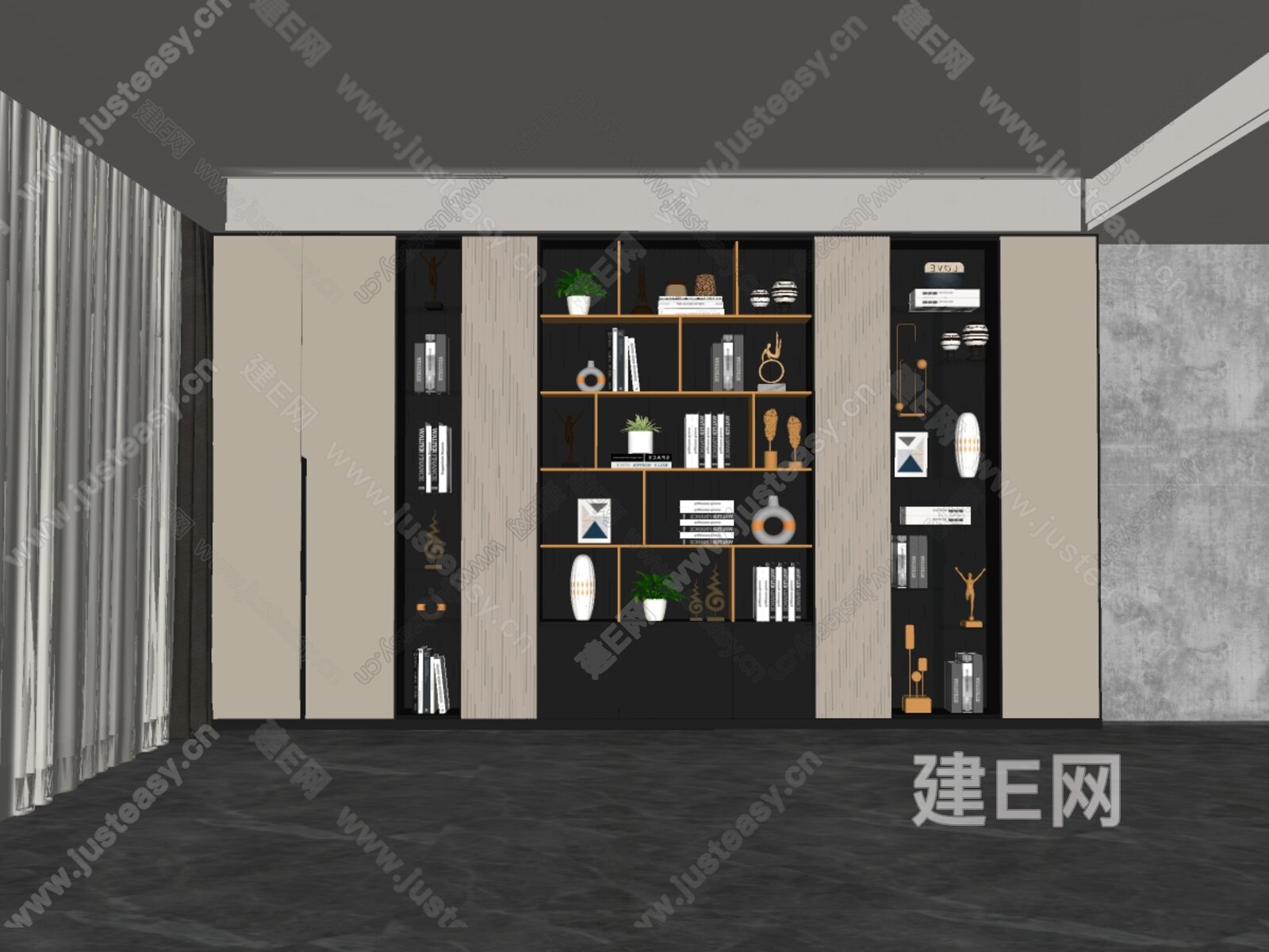现代书柜模型SU模型下载[ID:106318194]_建e网su模型
