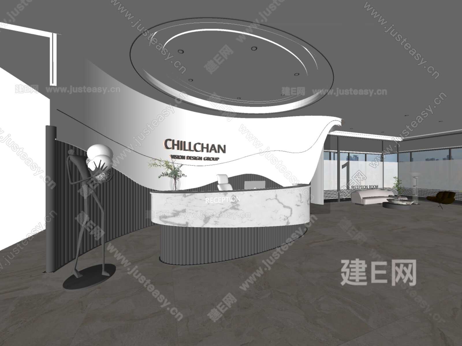现代办公室前台模型SU模型下载[ID:108873994]_建E室内设计网