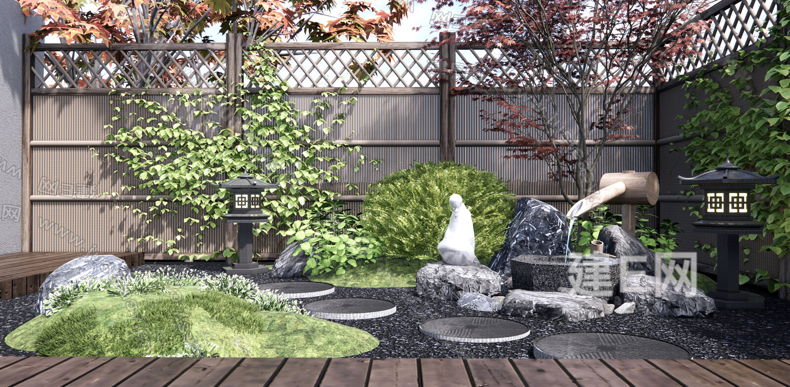 日式禅意枯山水庭院景观SU模型下载[ID:101009825]，日式禅意枯山水庭院景观，SU模型下载