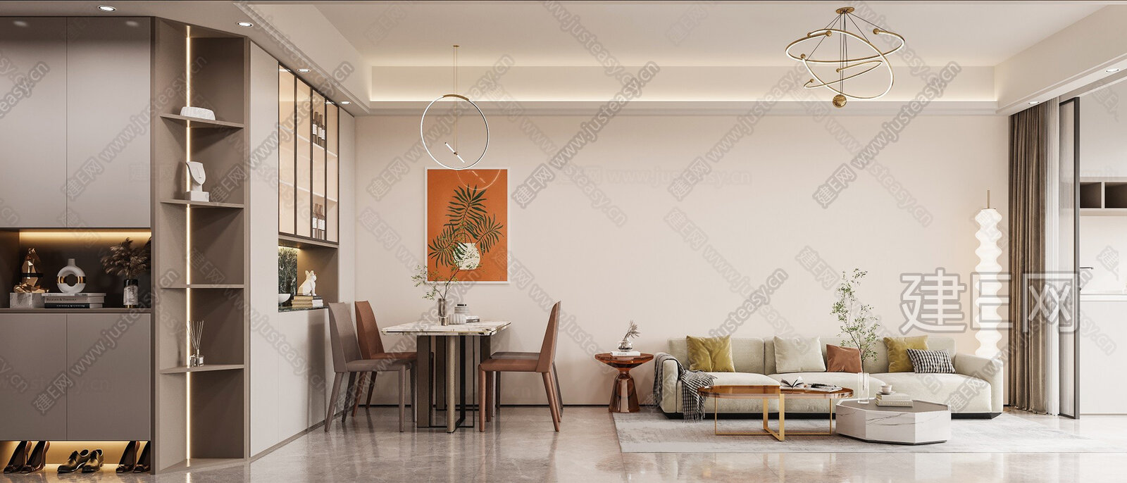 现代极简客餐厅 沙发 吊灯 画 装饰品模型SU模型下载[ID:112085363]_建E室内设计网