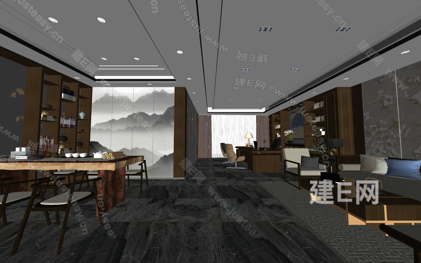 新中式总经理办公室模型SU模型下载[ID:103106867]_建e网su模型