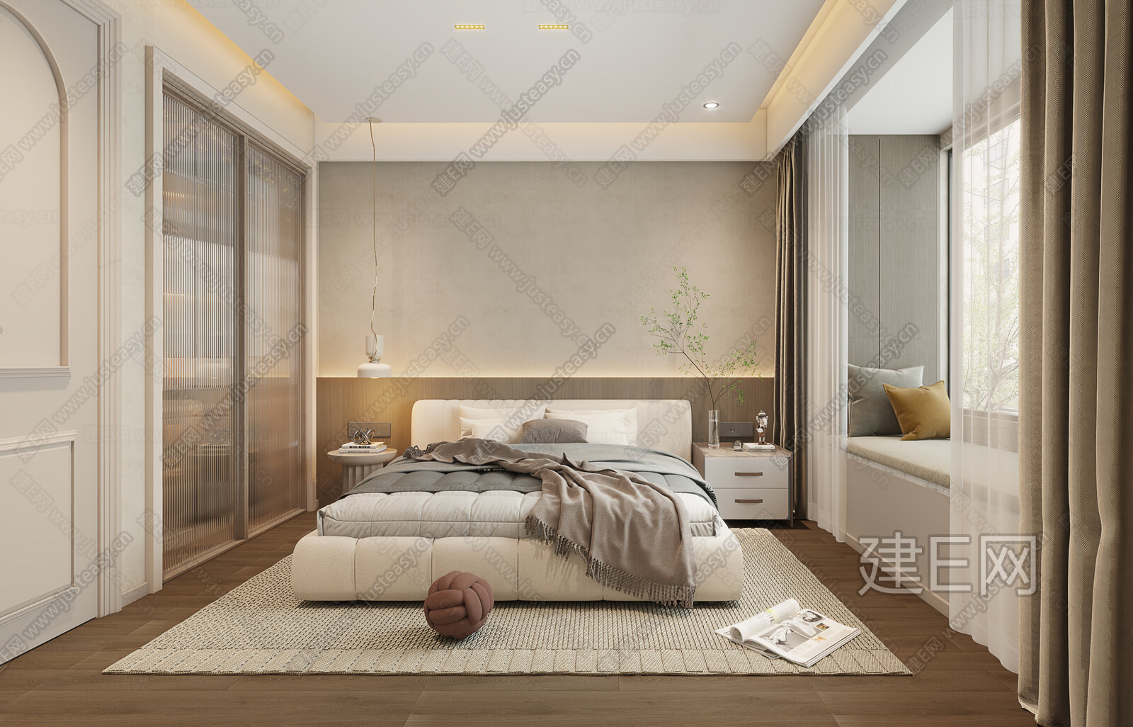 【现代奶油风卧室3d模型】建E网_现代奶油风卧室3d模型下载[ID:104747255]_打造3d现代奶油风卧室模型免费下载平台
