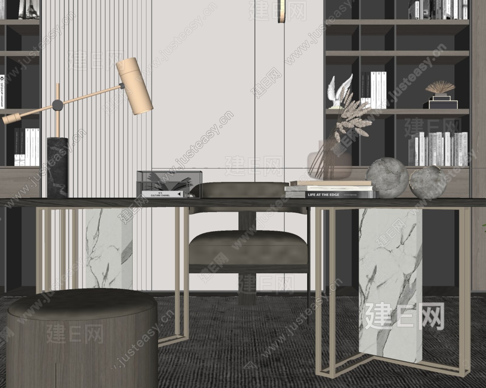 现代轻奢书房模型SU模型下载[ID:103893381]_建e网su模型