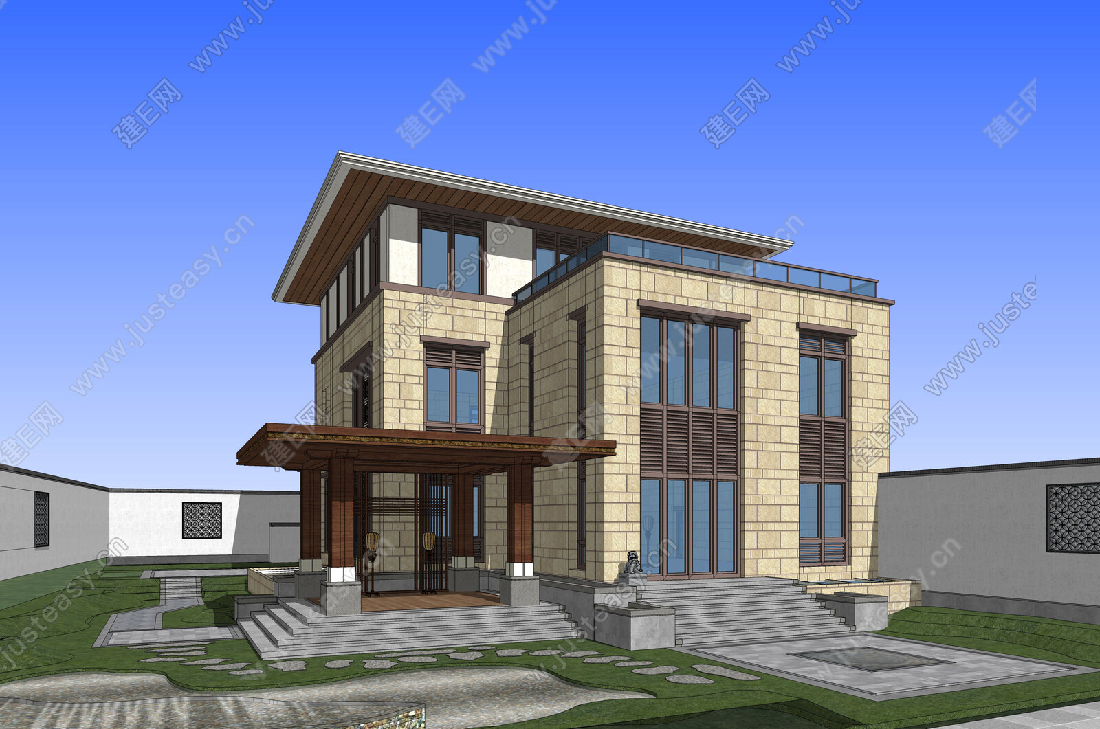 新中式别墅模型SU模型下载[ID:104679922]_建e网su模型