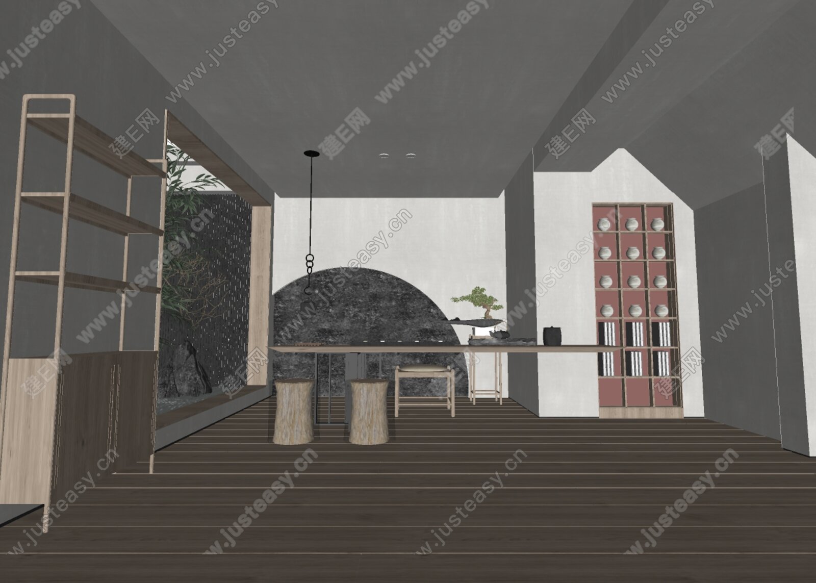新中式茶室模型SU模型下载[ID:104810815]_建E室内设计网
