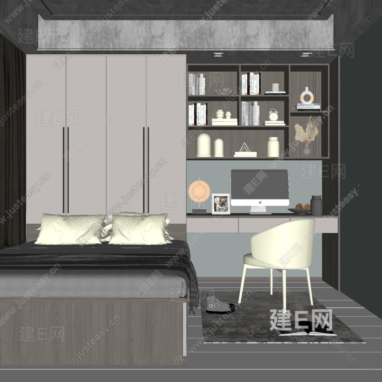 现代榻榻米卧室模型SU模型下载[ID:104548695]_建E室内设计网