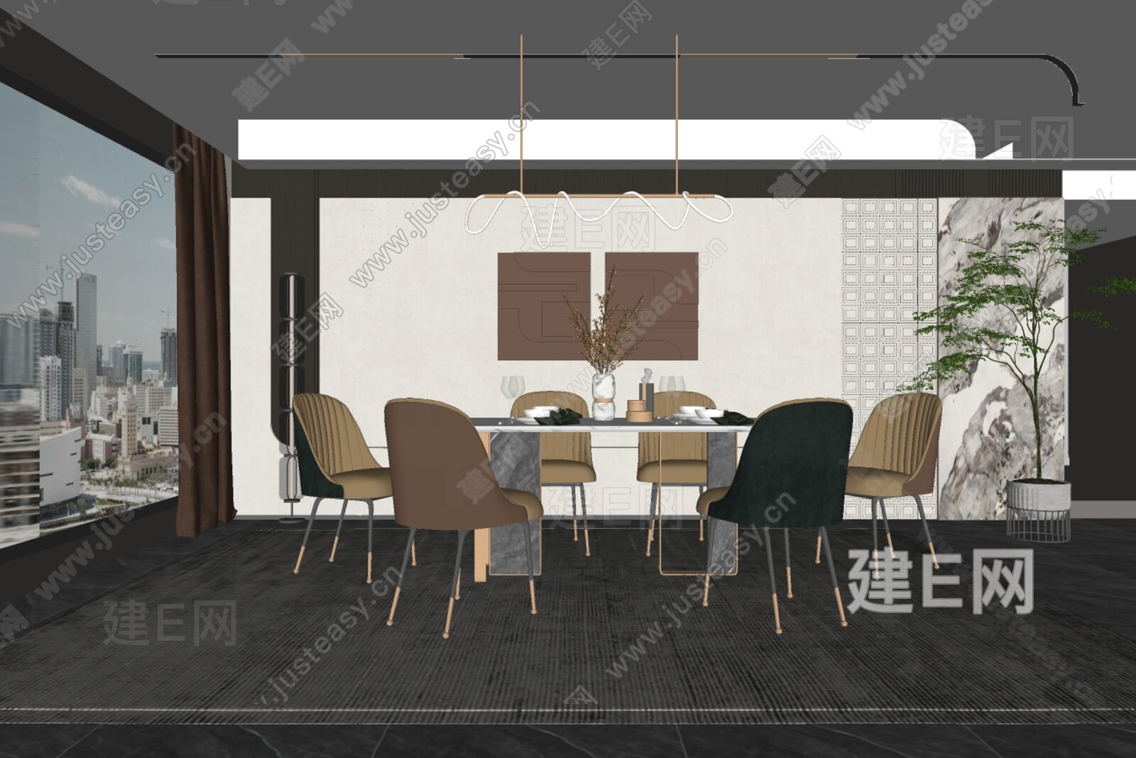 现代餐厅模型SU模型下载[ID:113658117]_建E室内设计网