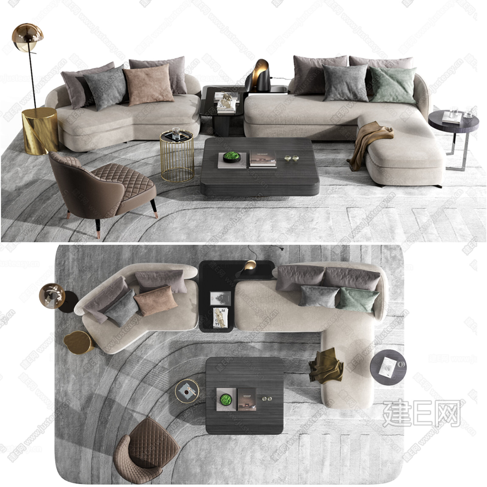 意大利minotti 现代沙发茶几组合模型SU模型下载[ID:116214174]_建E室内设计网