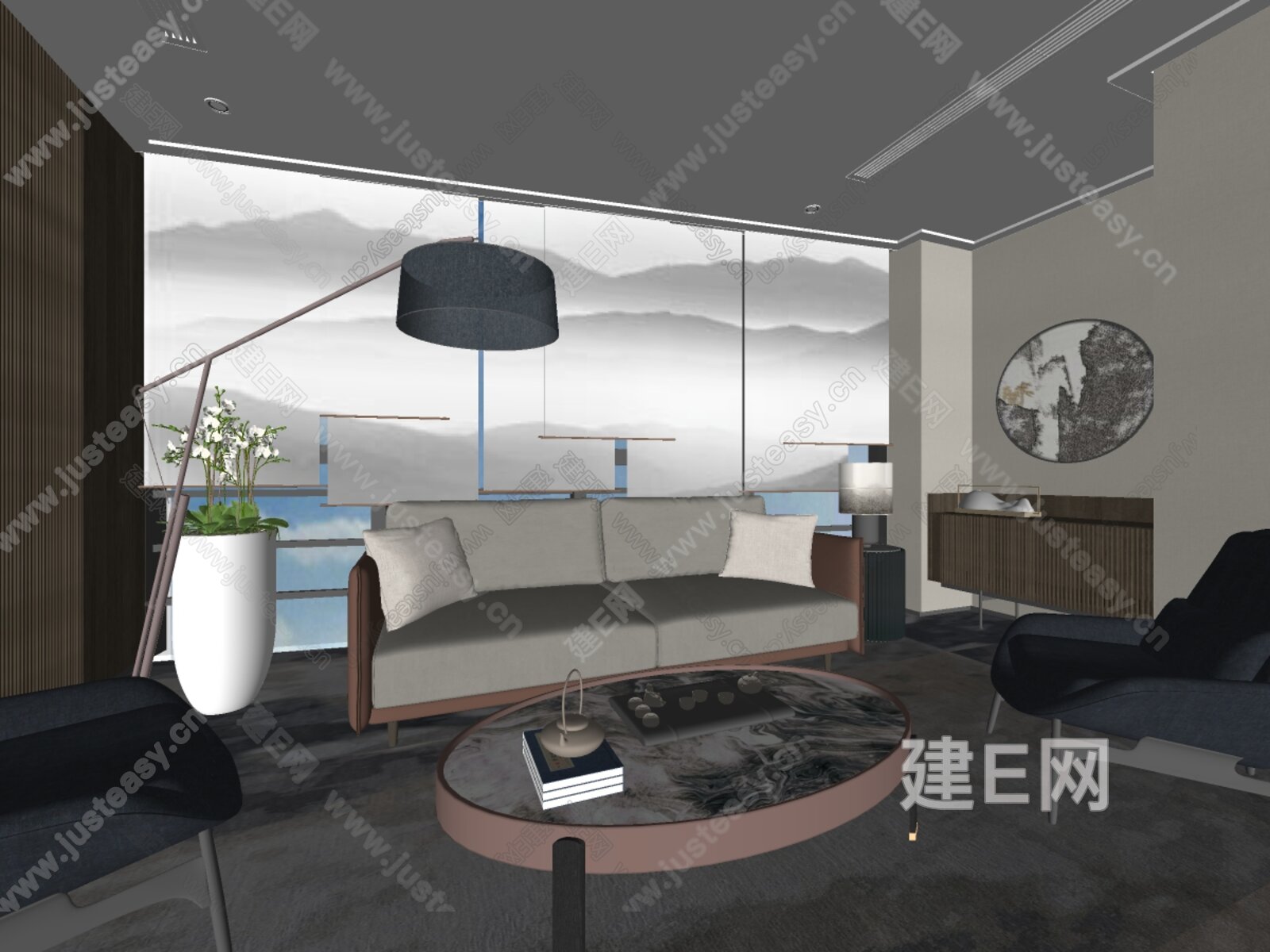新中式会客厅模型SU模型下载[ID:116148621]_建E室内设计网