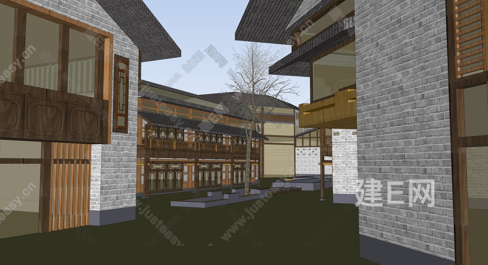 新中式商业街模型SU模型下载[ID:115886346]_建E室内设计网