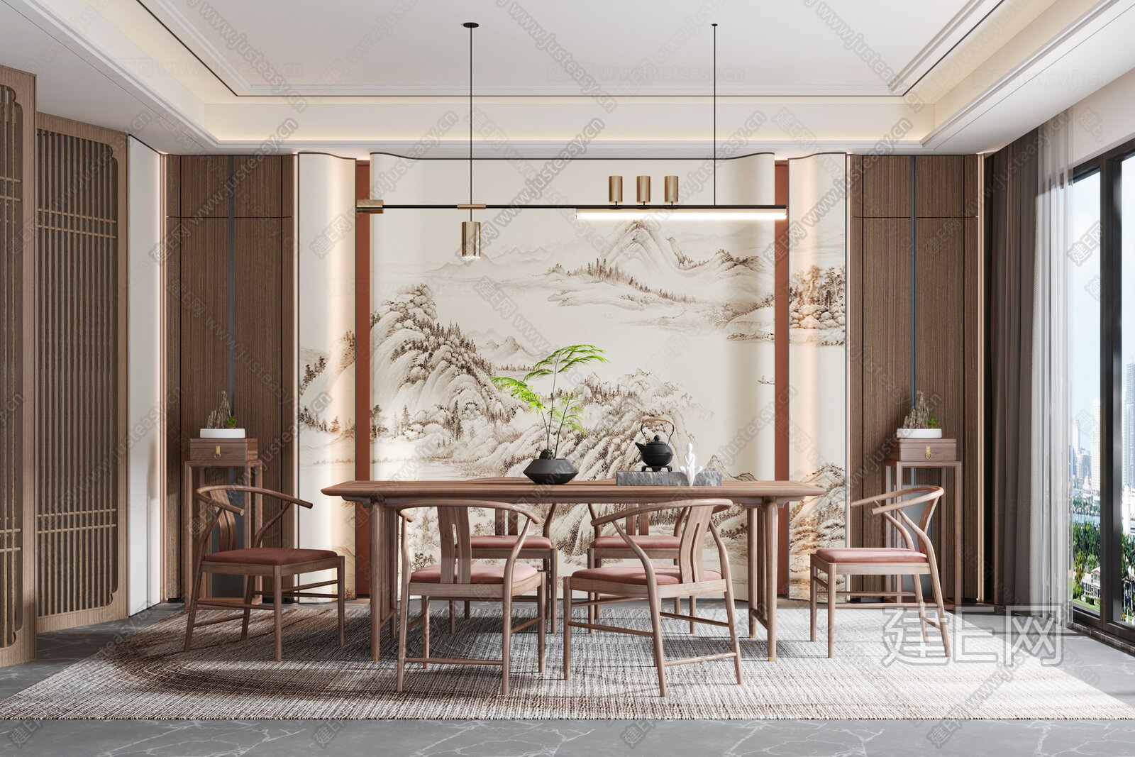 新中式餐厅模型SU模型下载[ID:109726199]_建E室内设计网