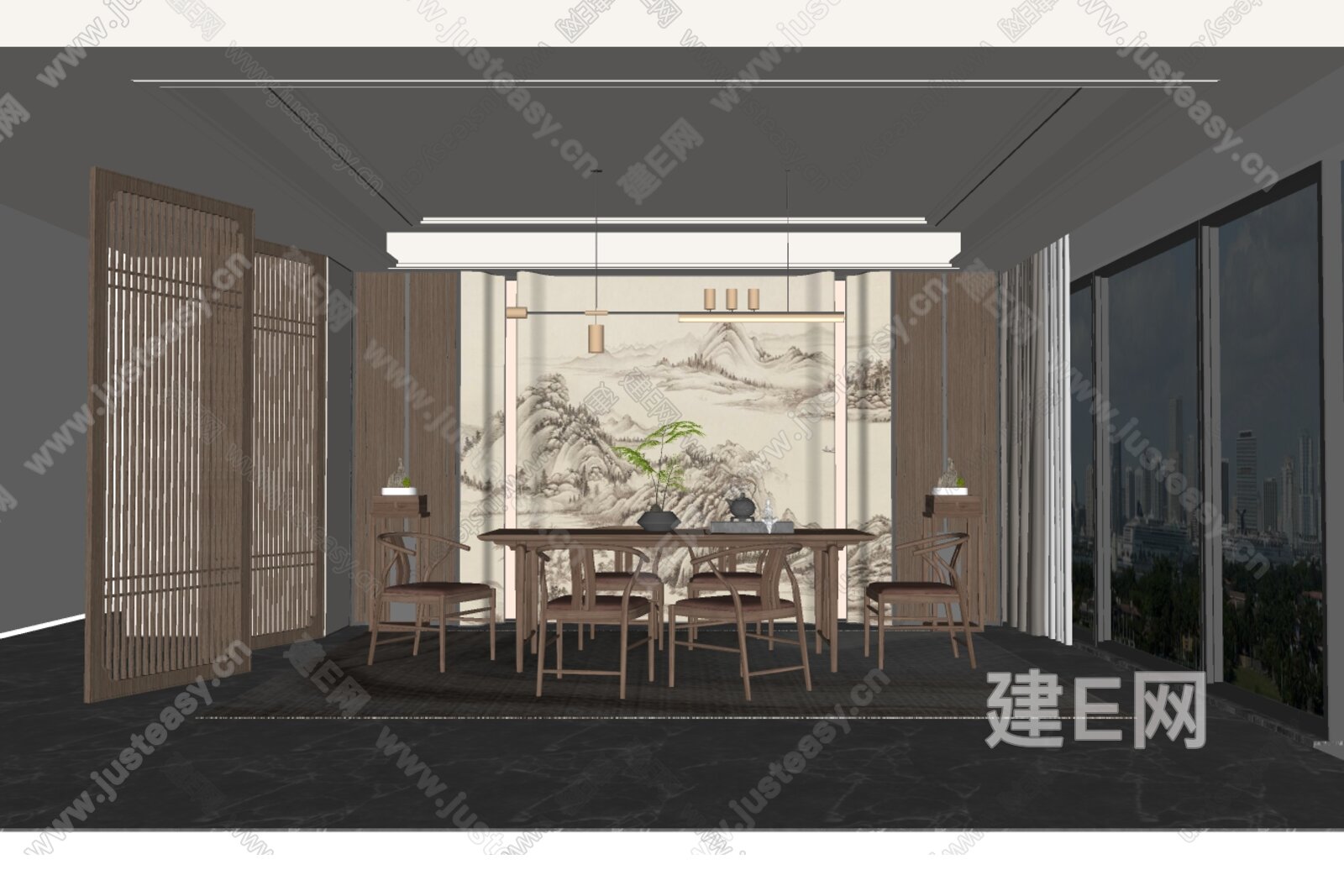新中式餐厅模型SU模型下载[ID:109726199]_建E室内设计网