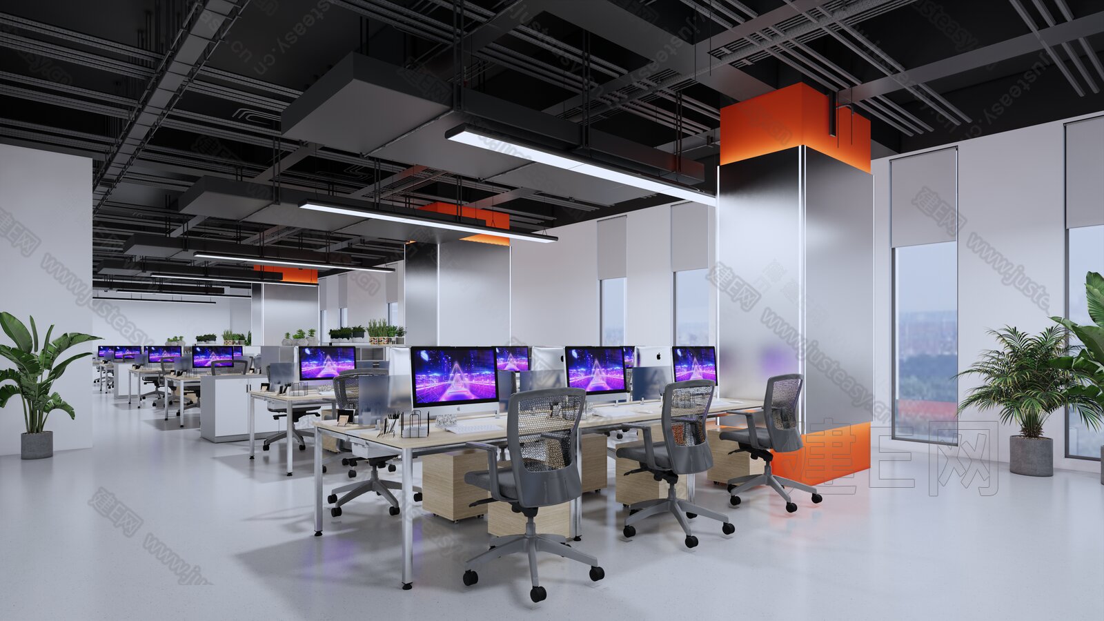现代公共办公区模型SU模型下载[ID:111102338]_建E室内设计网