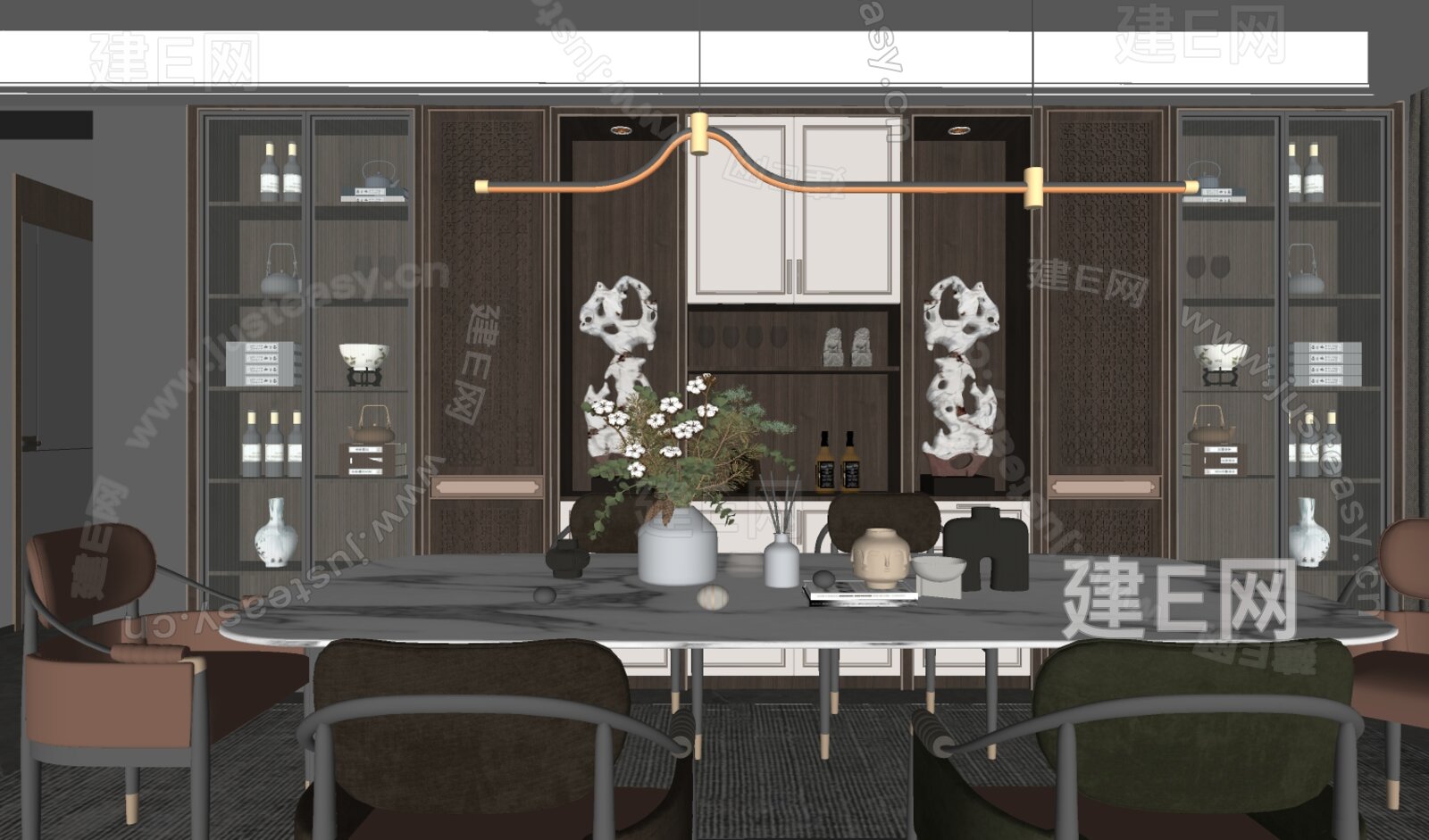 新中式餐厅模型SU模型下载[ID:113199454]_建E室内设计网