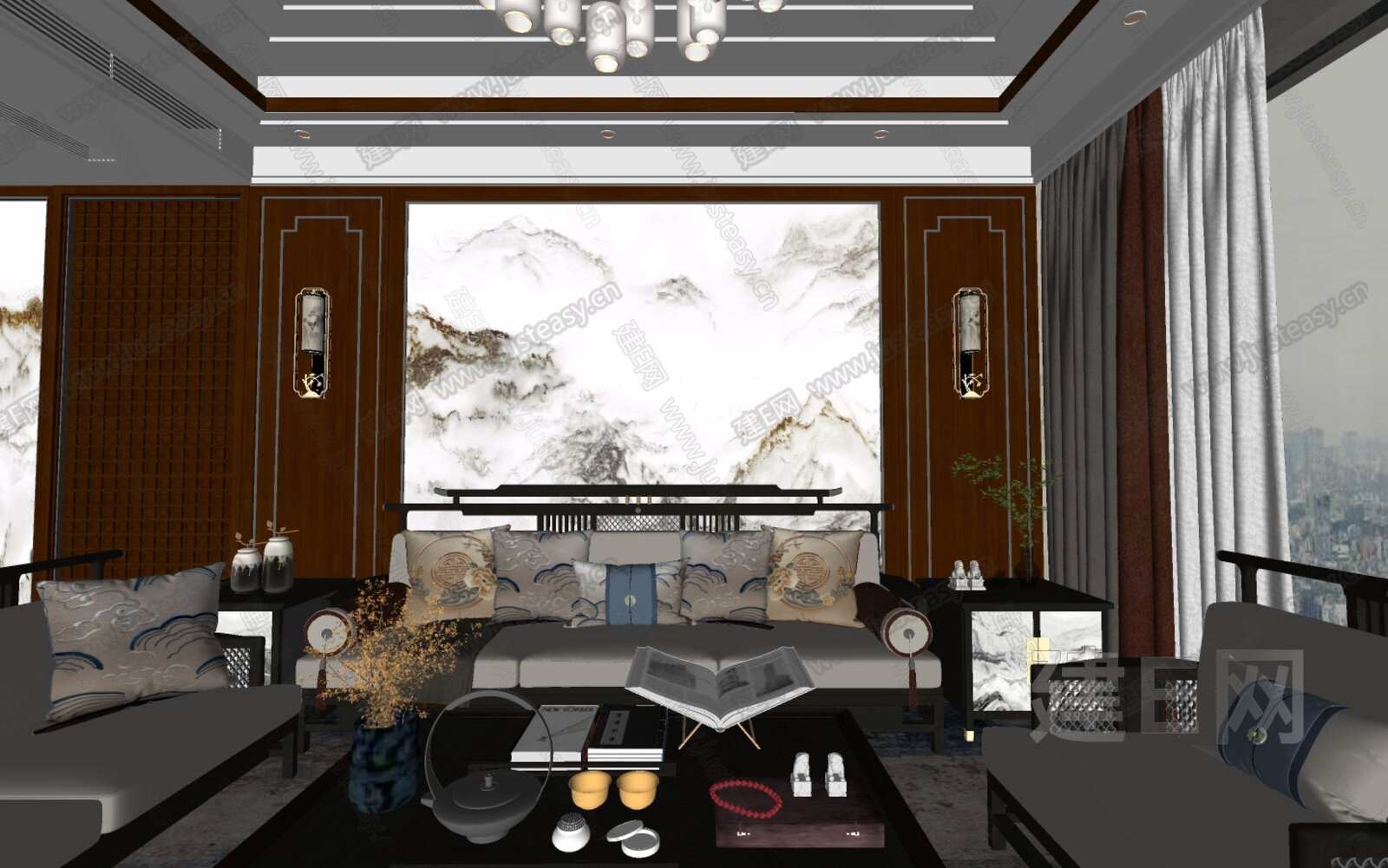 新中式客厅模型SU模型下载[ID:113199574]_建e网su模型