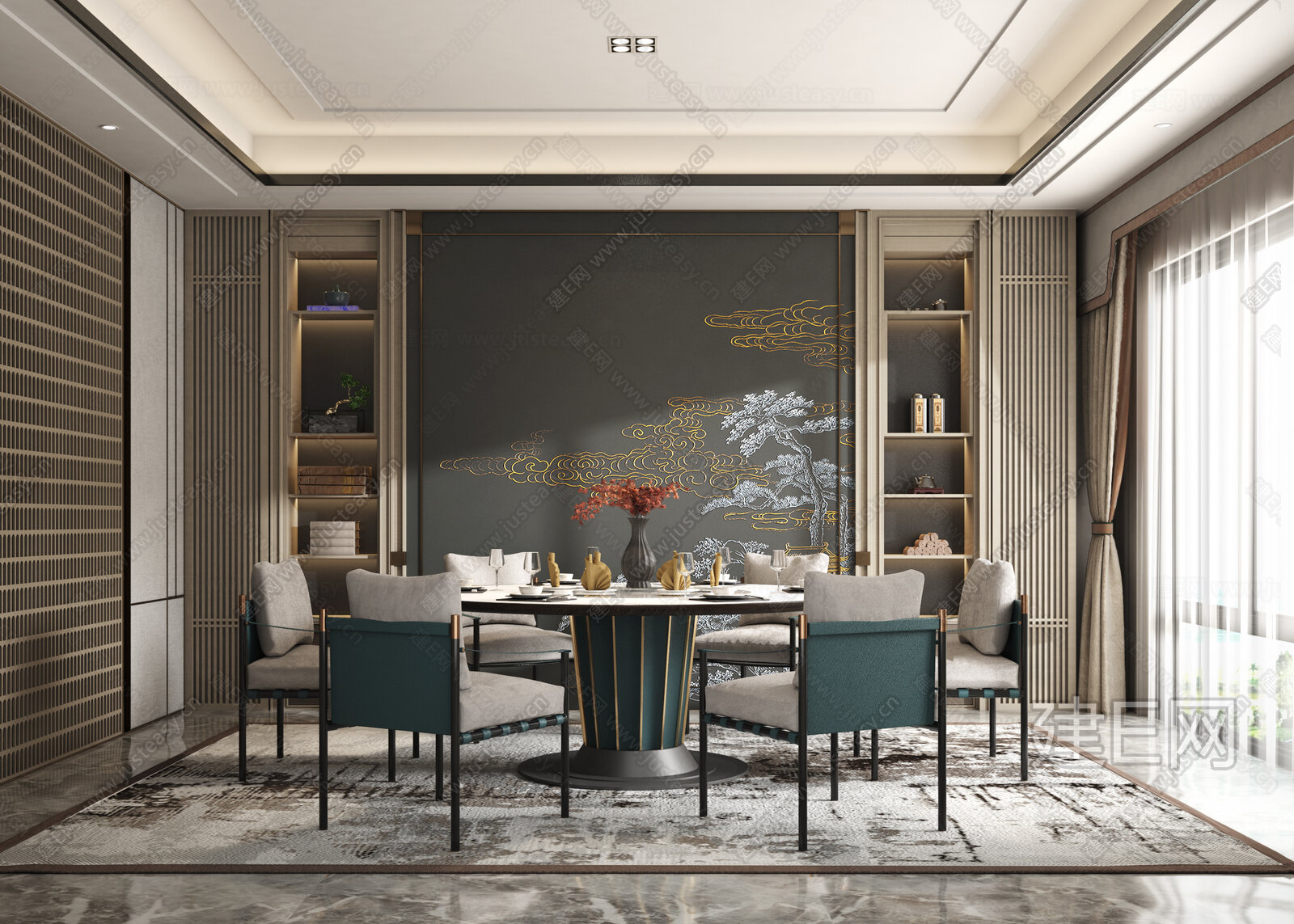 新中式餐厅模型SU模型下载[ID:105465873]_建e网su模型