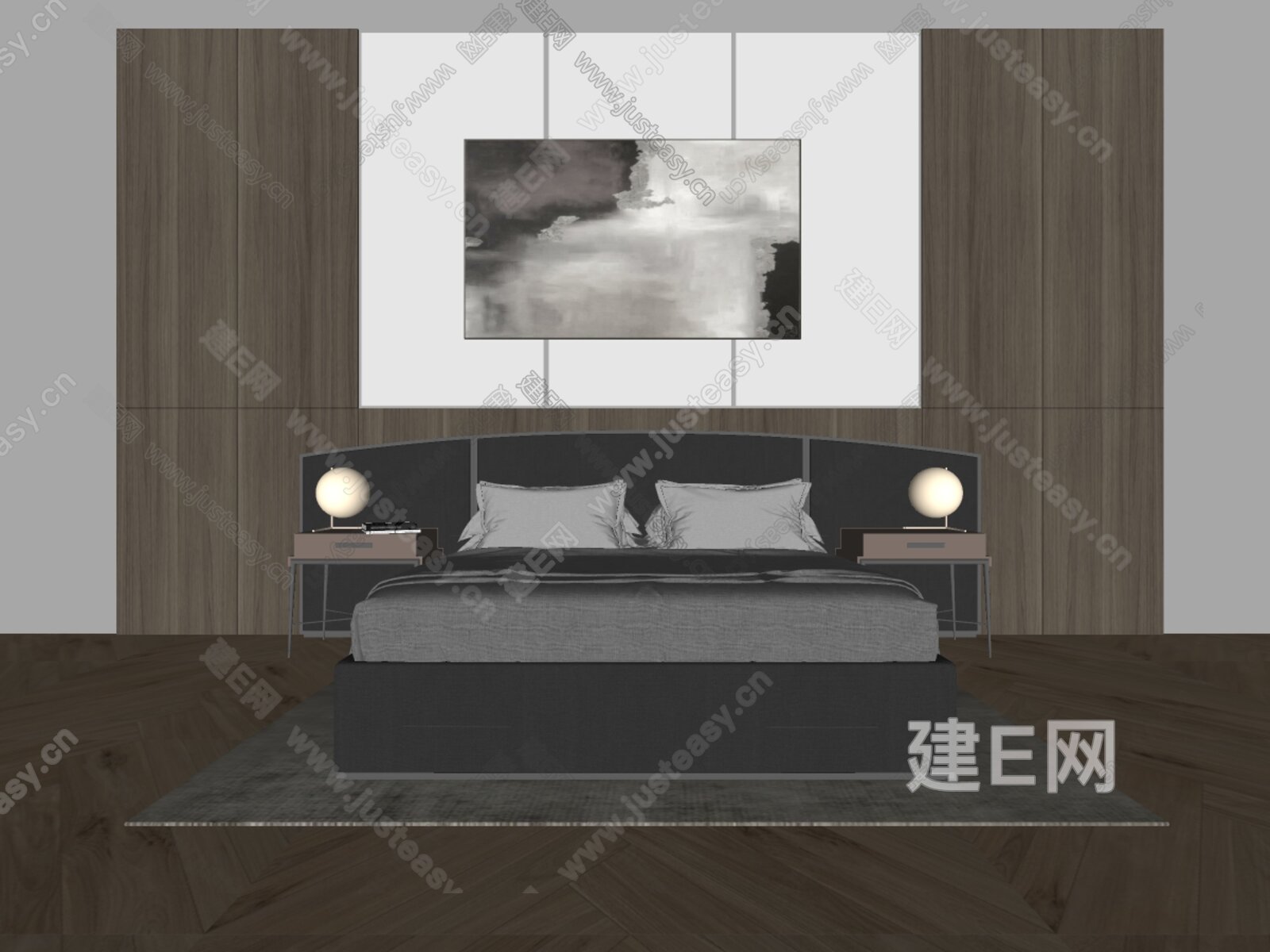 现代双人床模型SU模型下载[ID:106383515]_建E室内设计网
