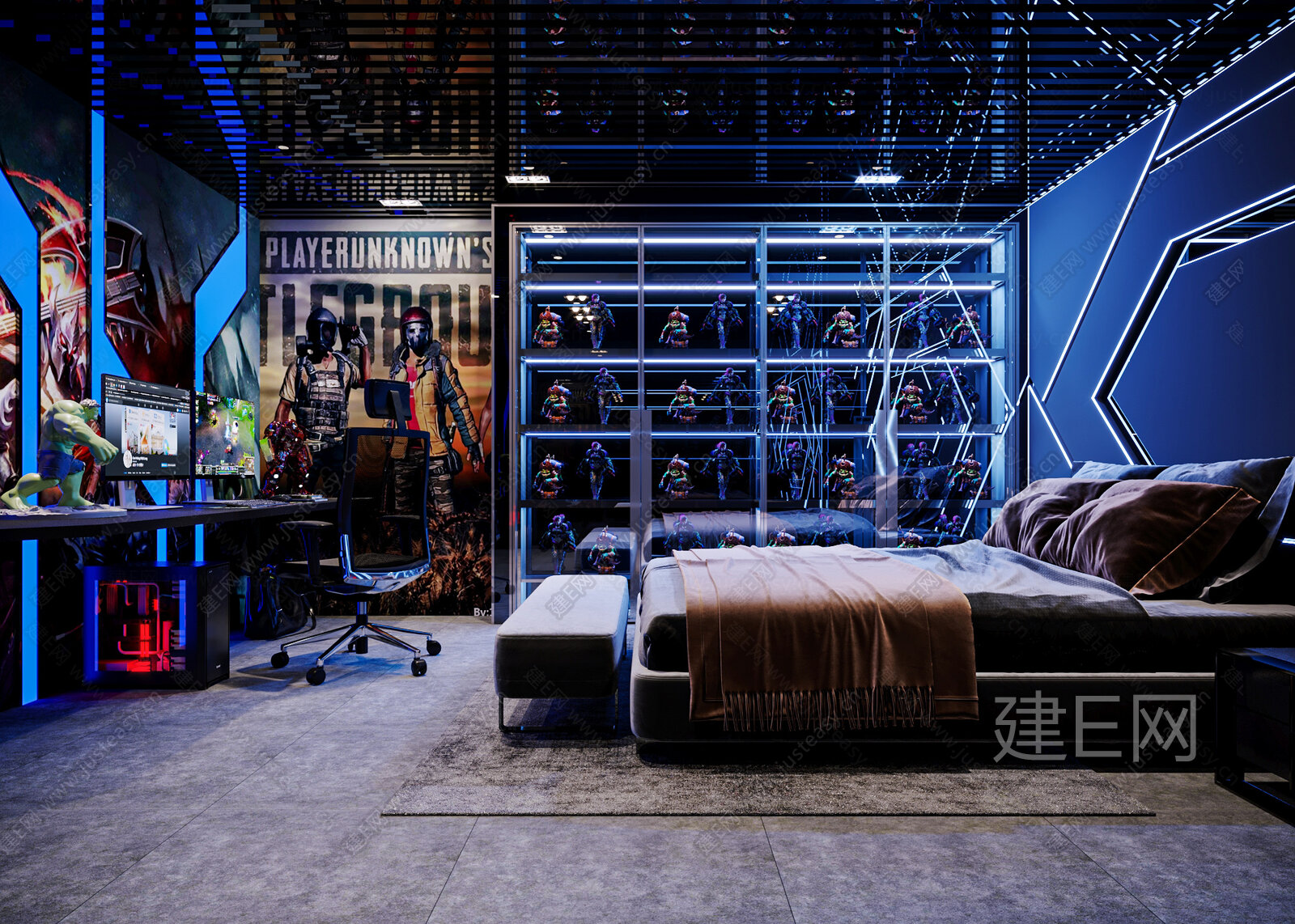 现代电竞卧室SU模型下载[ID:106055692]，现代电竞卧室，SU模型下载