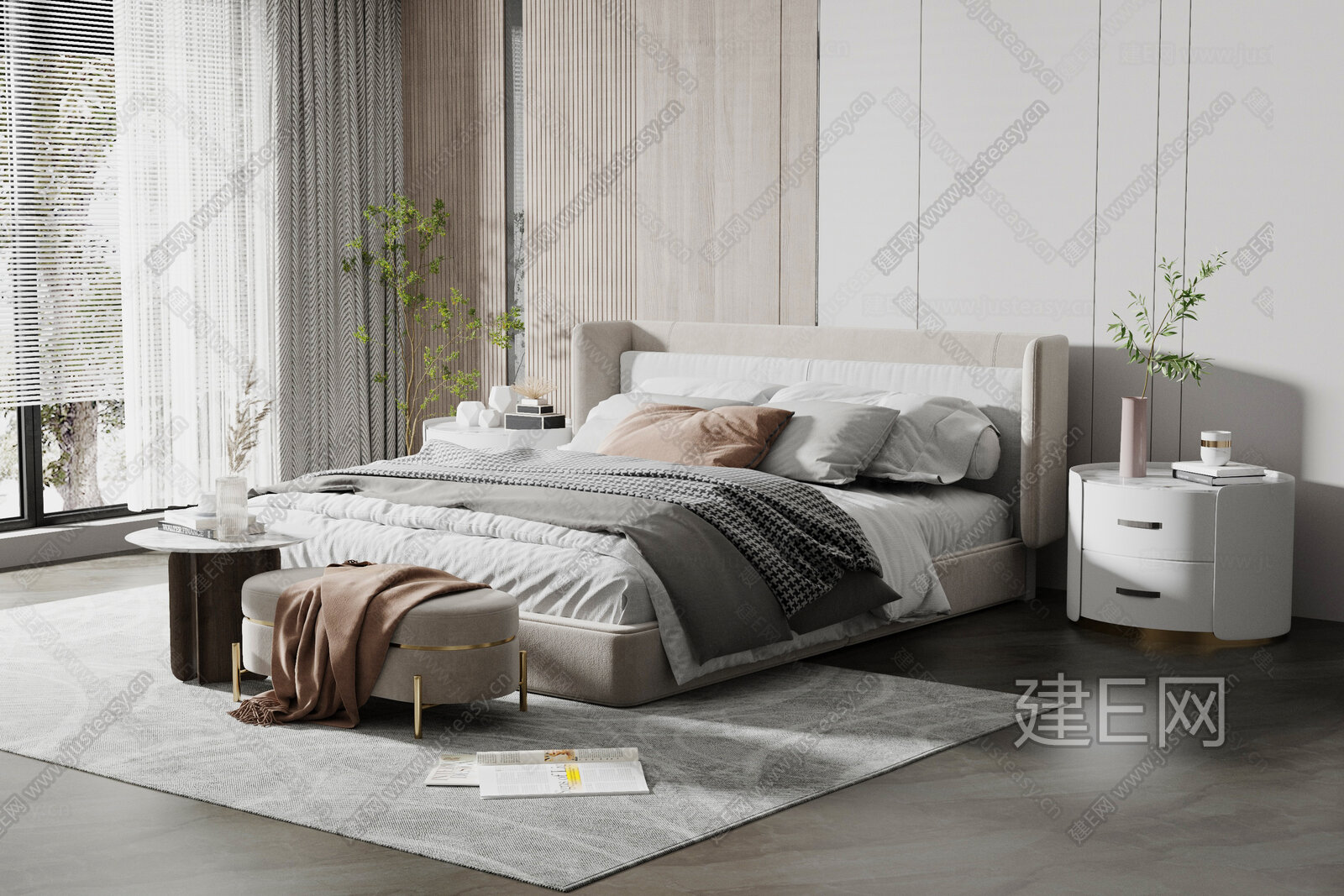 现代双人床3d模型下载[ID:110842066]_建e网3d模型