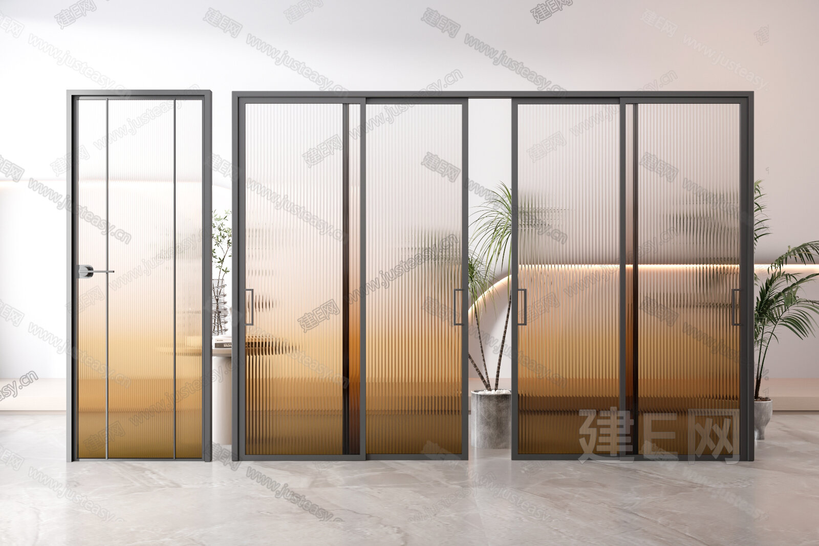 现代渐变长虹玻璃门模型SU模型下载[ID:106907851]_建E室内设计网