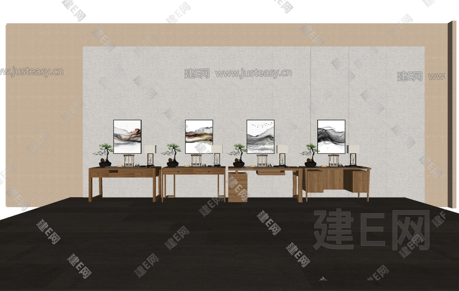 新中式书桌模型SU模型下载[ID:106514524]_建E室内设计网