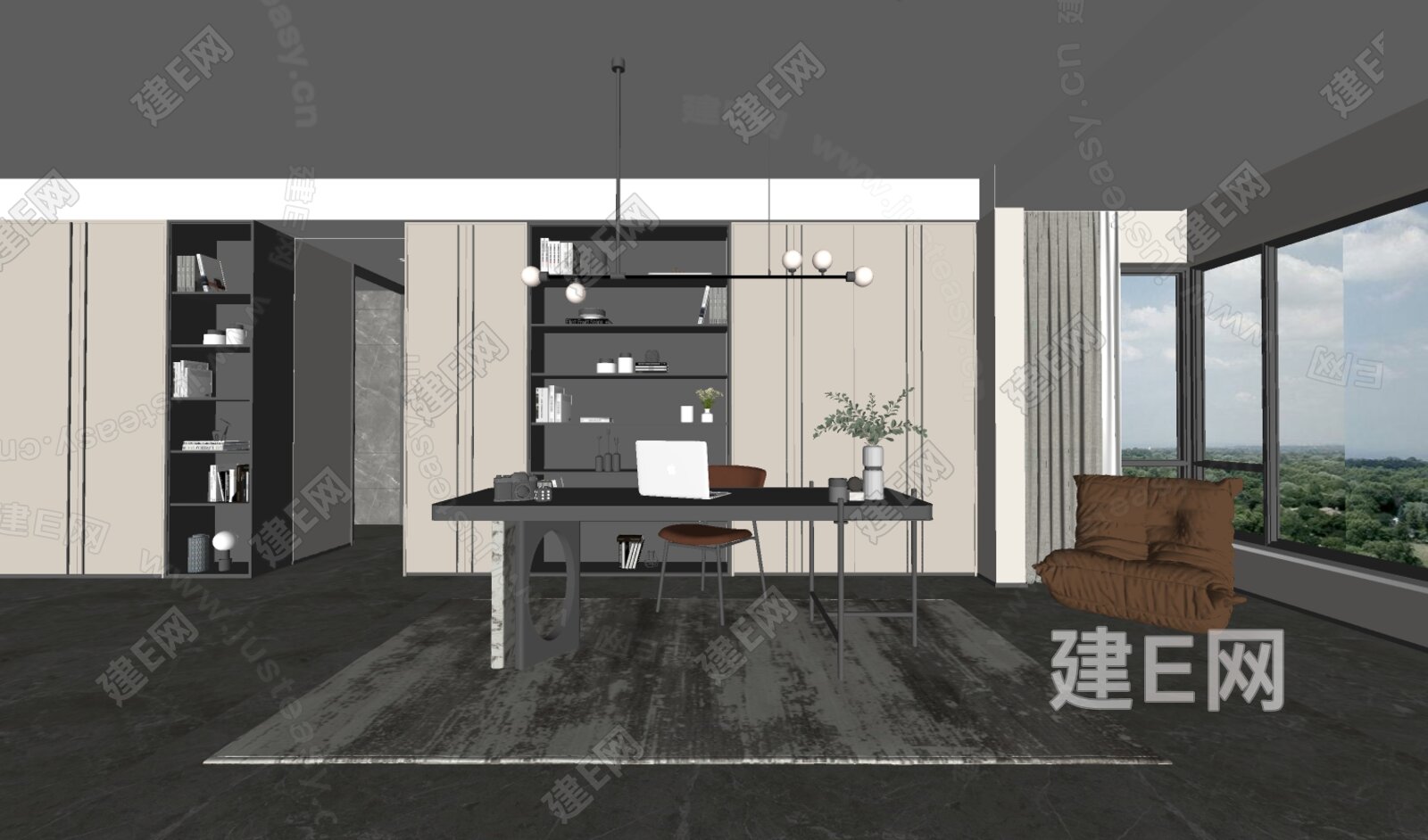 现代轻奢书房 模型SU模型下载[ID:106514646]_建e网su模型