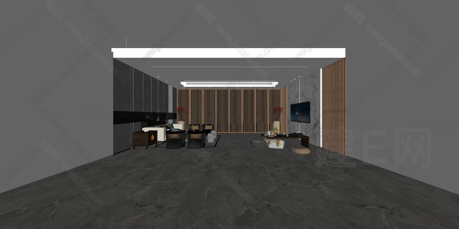 新中式会客厅模型SU模型下载[ID:106645736]_建E室内设计网