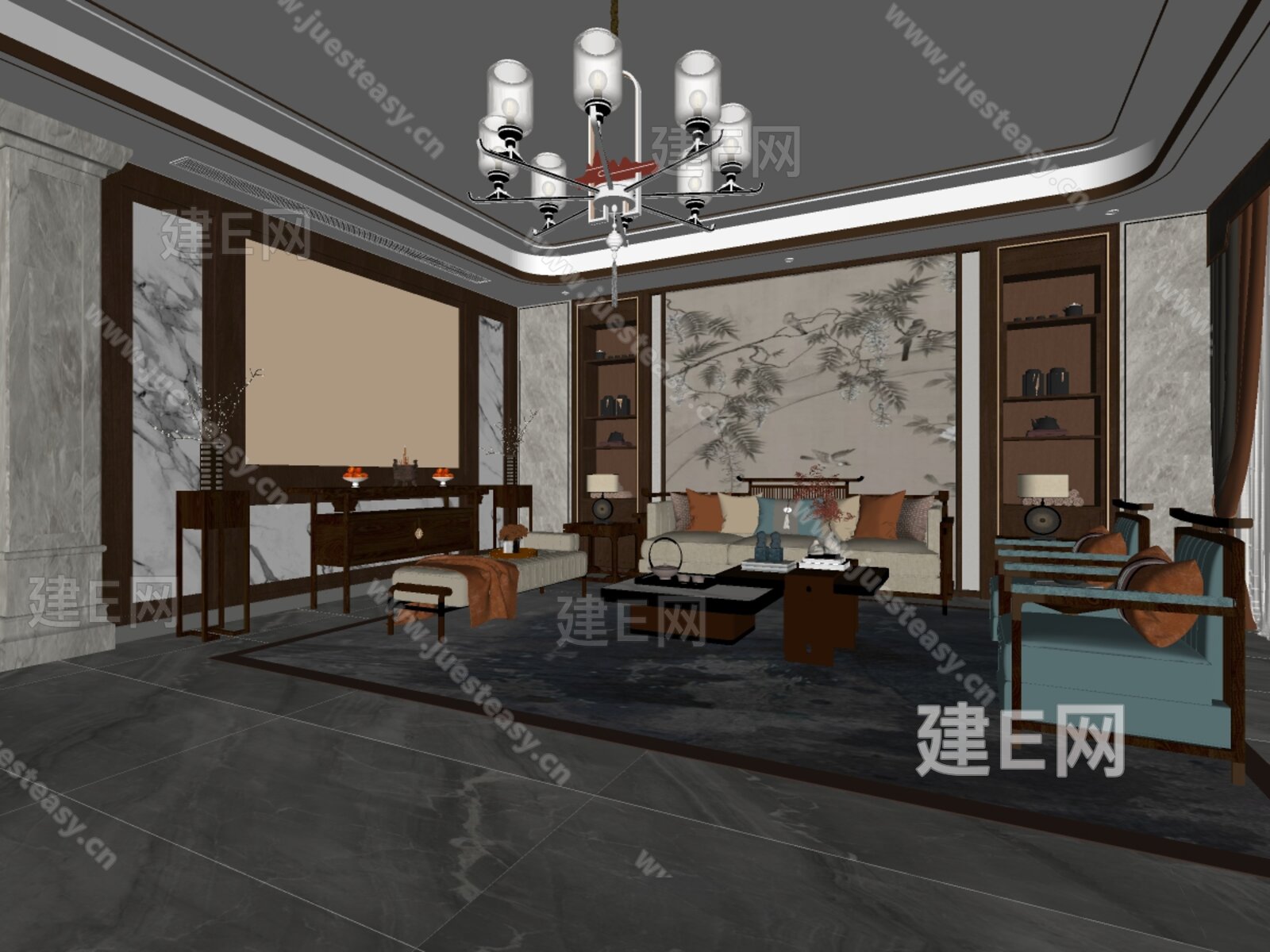 新中式客厅模型SU模型下载[ID:107104486]_建E室内设计网