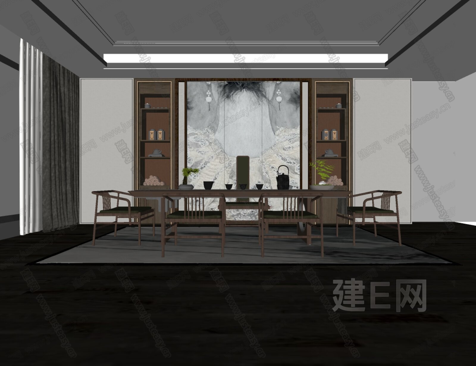 新中式茶室 模型SU模型下载[ID:107497700]_建E室内设计网
