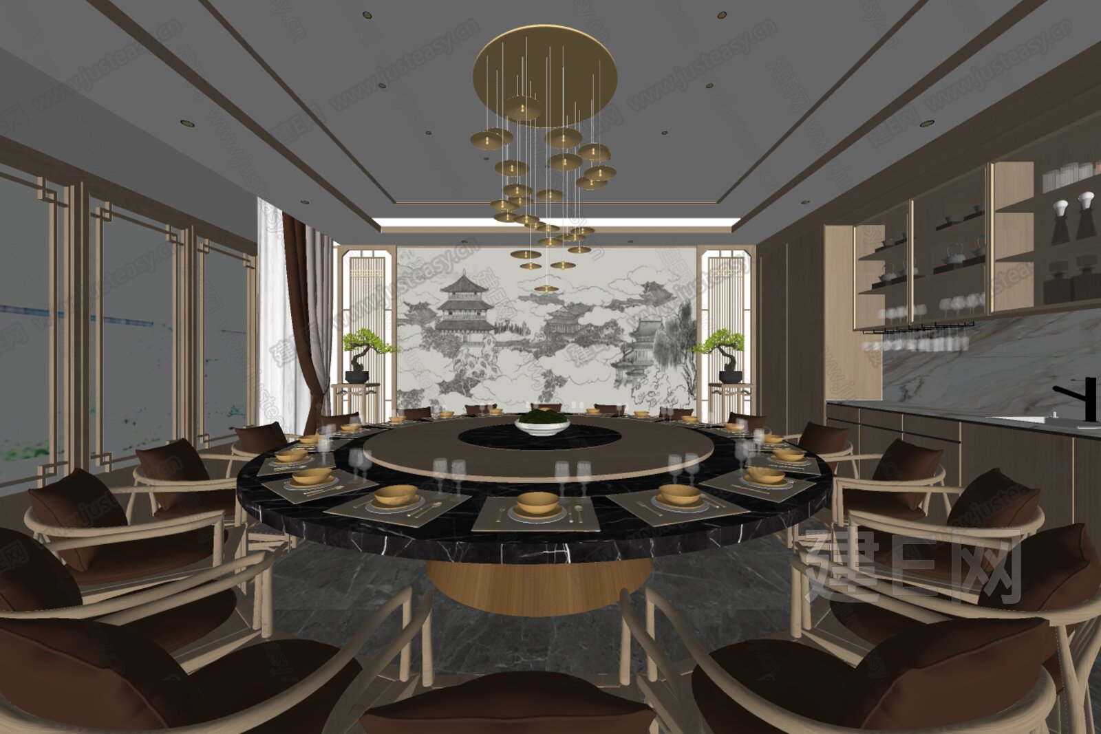 新中式包间模型SU模型下载[ID:100747321]_建e网su模型