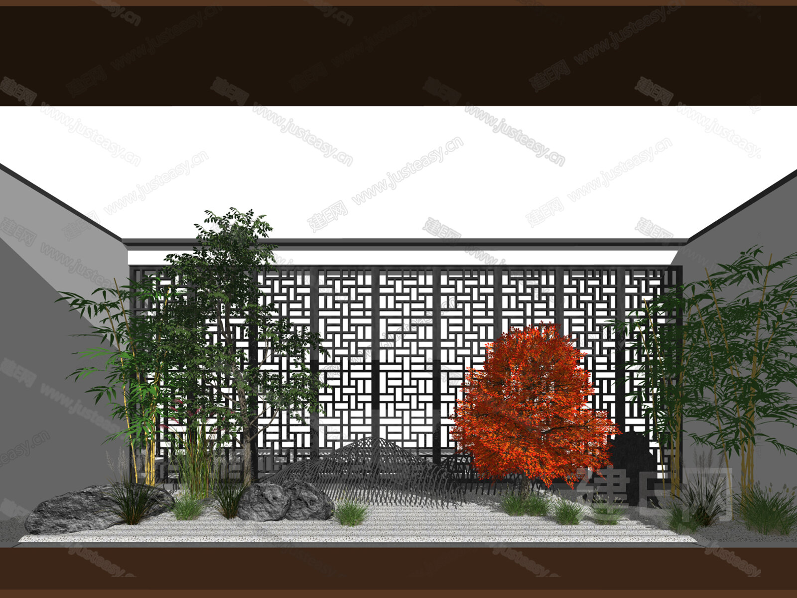 新中式庭院小品模型SU模型下载[ID:100878447]_建E室内设计网