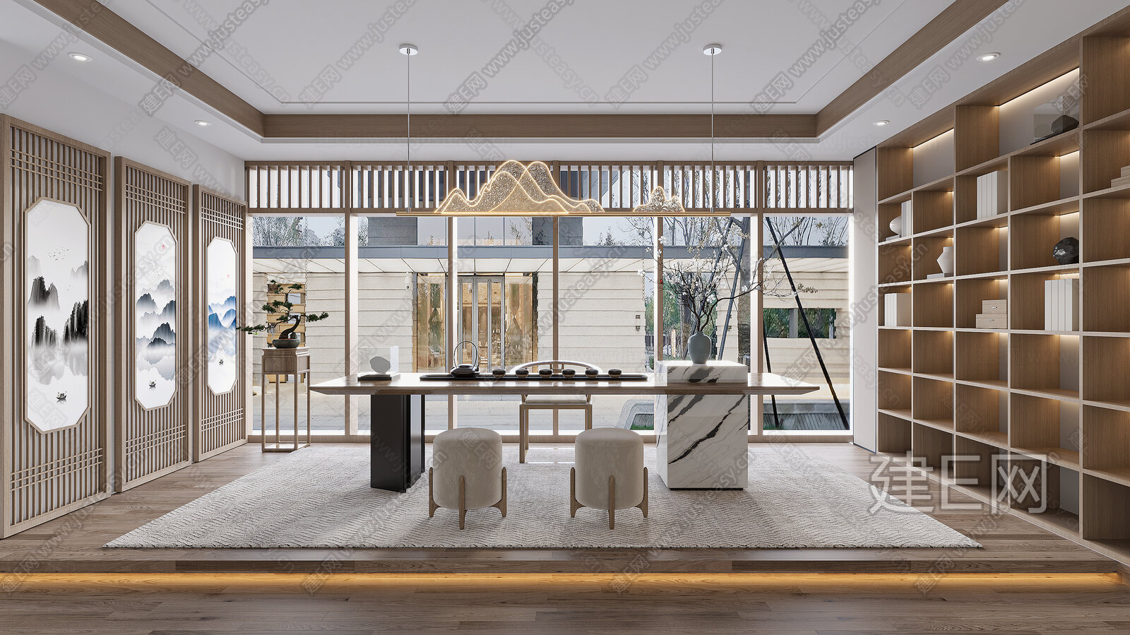 新中式茶室模型SU模型下载[ID:102516949]_建E室内设计网