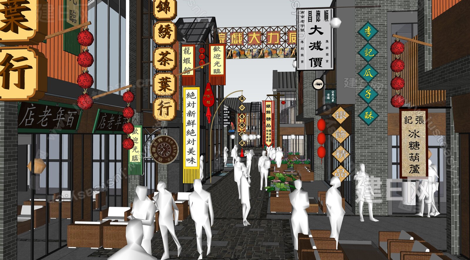 新中式商业街模型SU模型下载[ID:101402635]_建E室内设计网