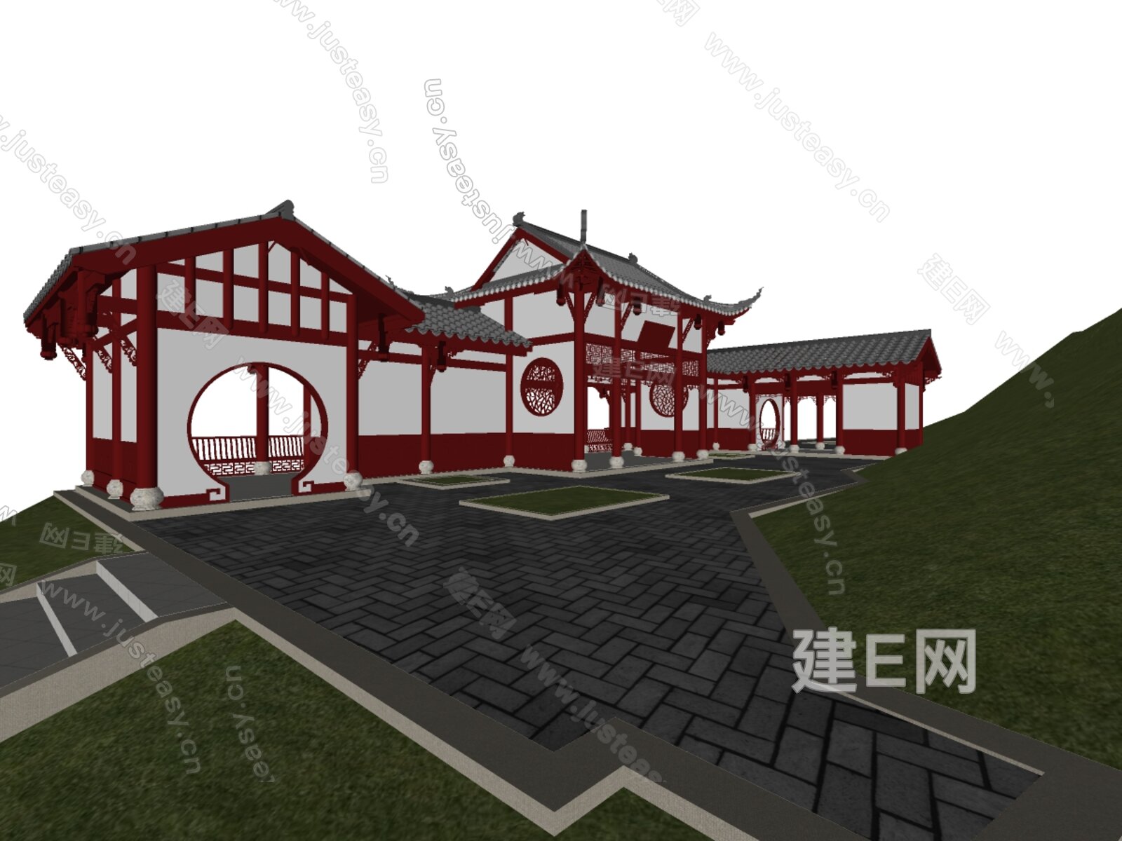 中式廊子模型SU模型下载[ID:101992455]_建E室内设计网