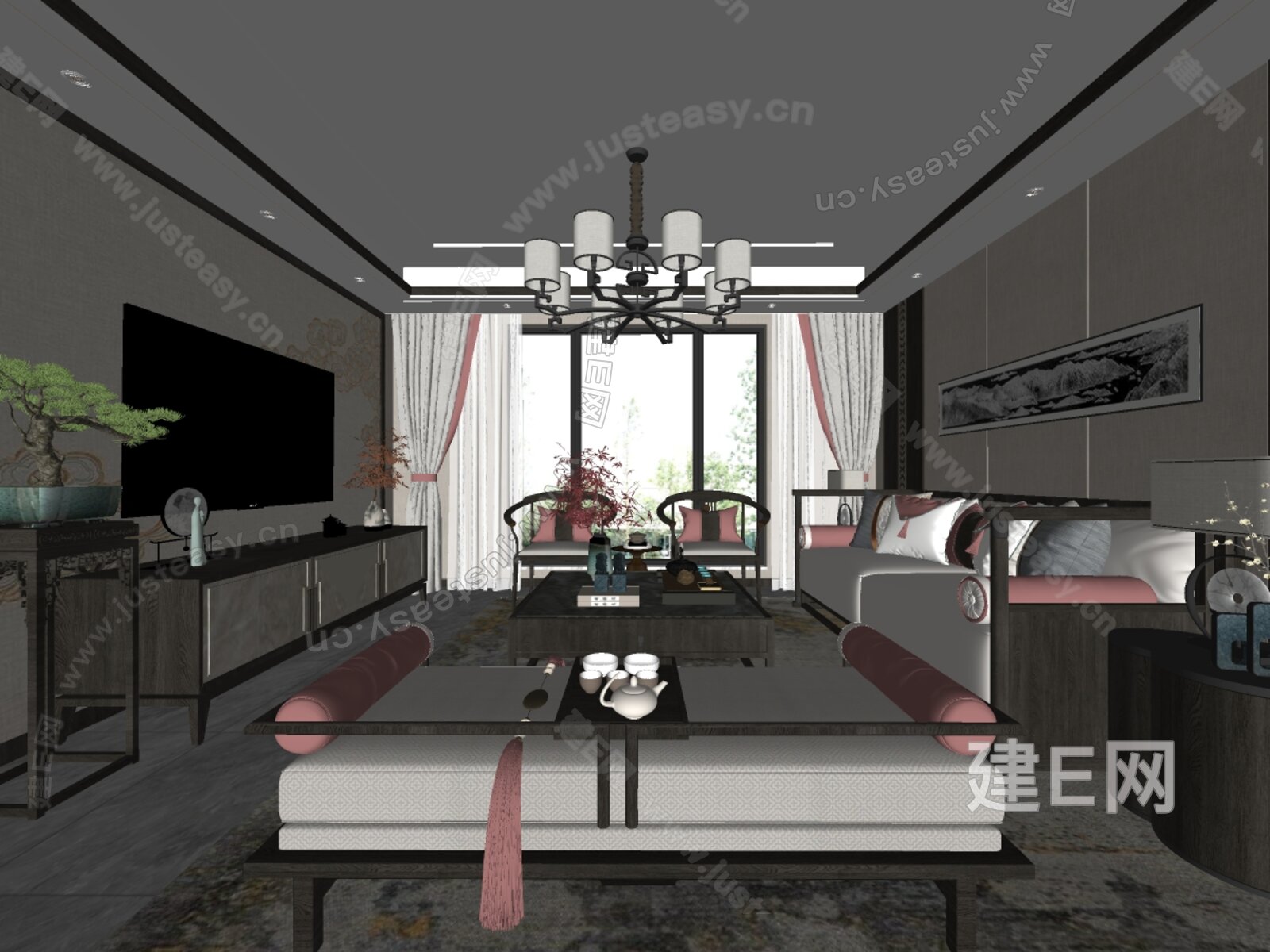 新中式客厅模型SU模型下载[ID:101927139]_建e网su模型