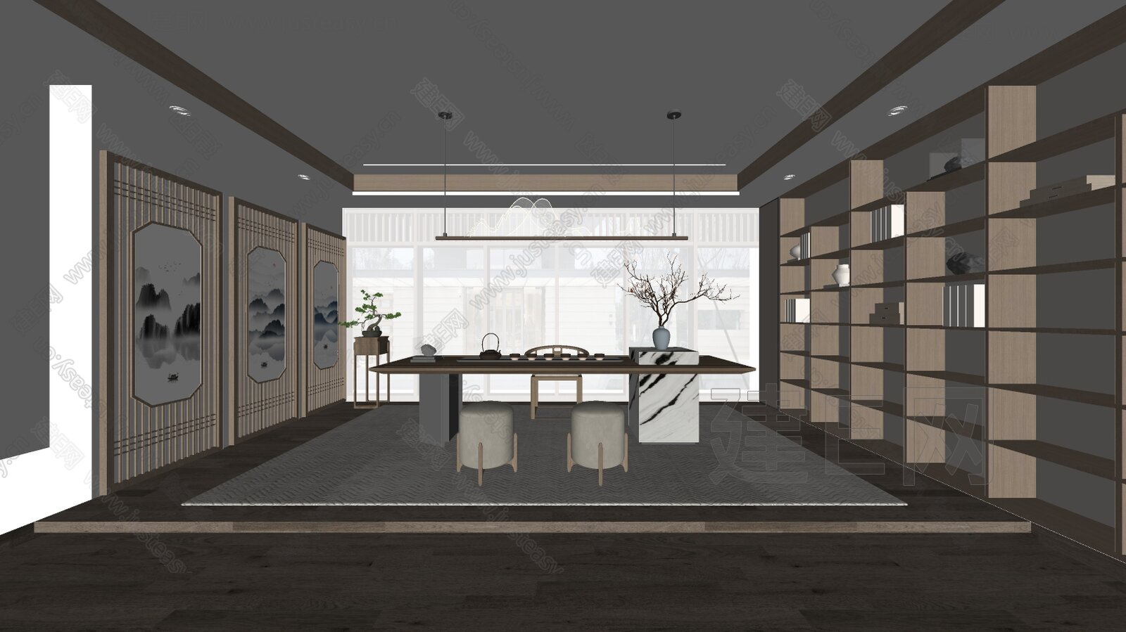 新中式茶室模型SU模型下载[ID:102516949]_建E室内设计网
