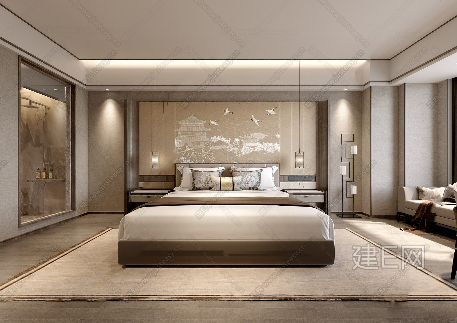 新中式酒店客房3d模型下载[ID:104944471]_建e网3d模型