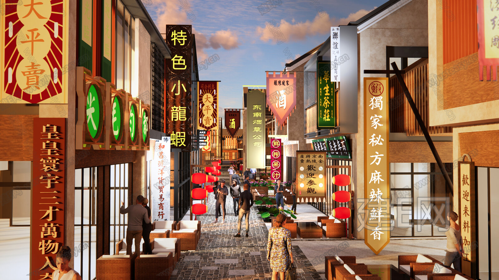 新中式商业街模型SU模型下载[ID:102778900]_建e网su模型