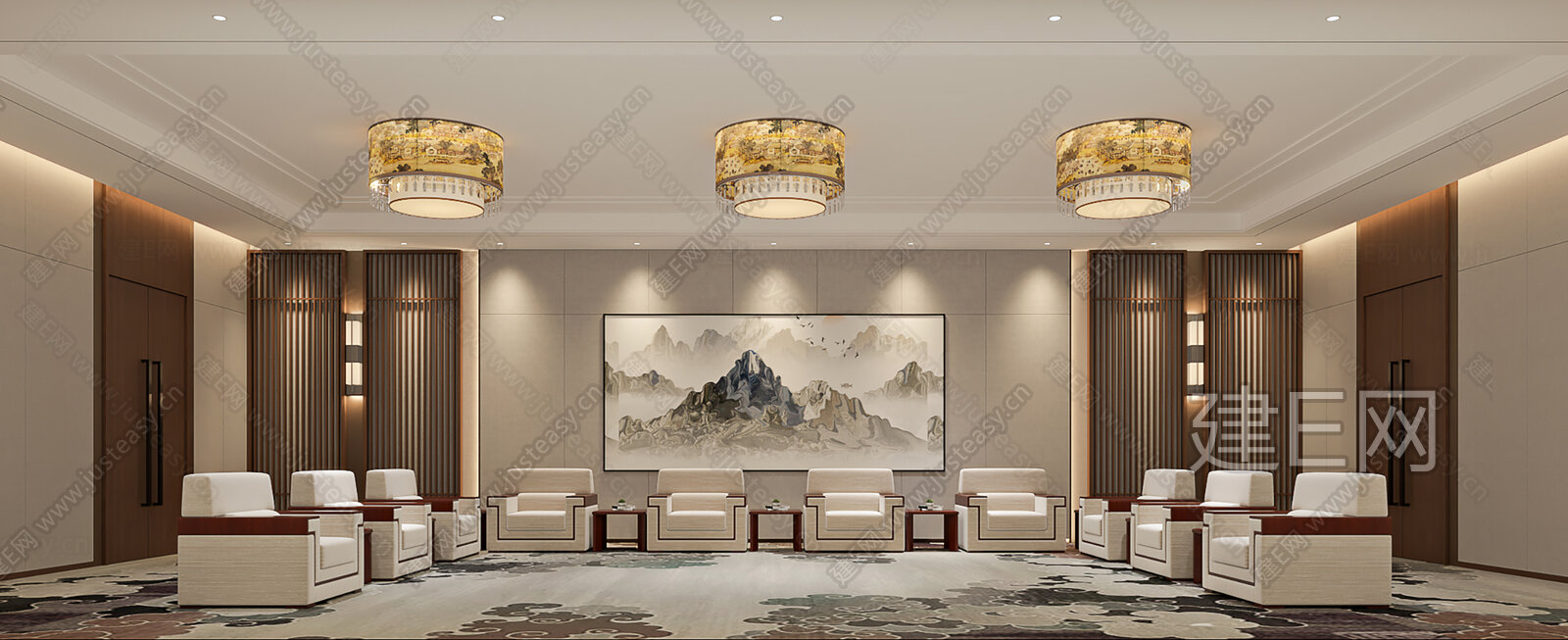 新中式会客室模型SU模型下载[ID:103762161]_建E室内设计网