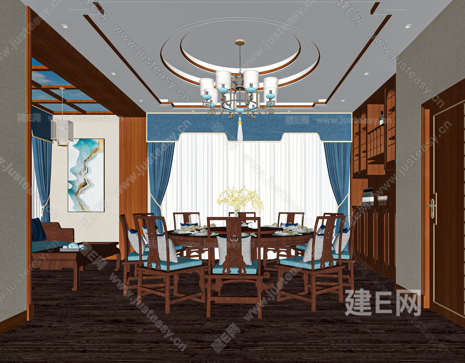 新中式餐厅模型SU模型下载[ID:103434400]_建E室内设计网