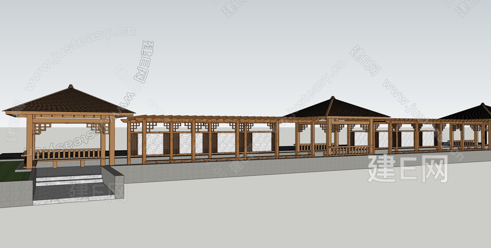 新中式廊架模型SU模型下载[ID:103893135]_建E室内设计网