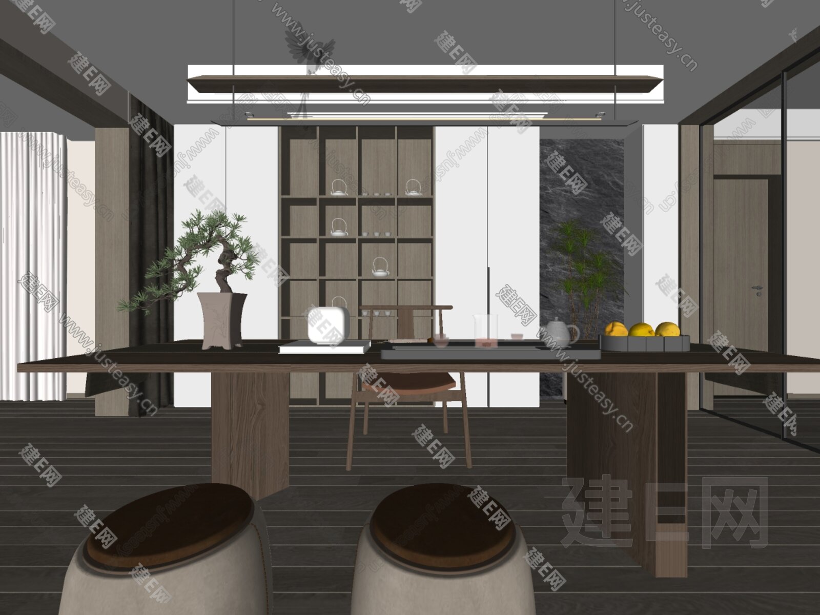 新中式茶室模型SU模型下载[ID:115230901]_建E室内设计网