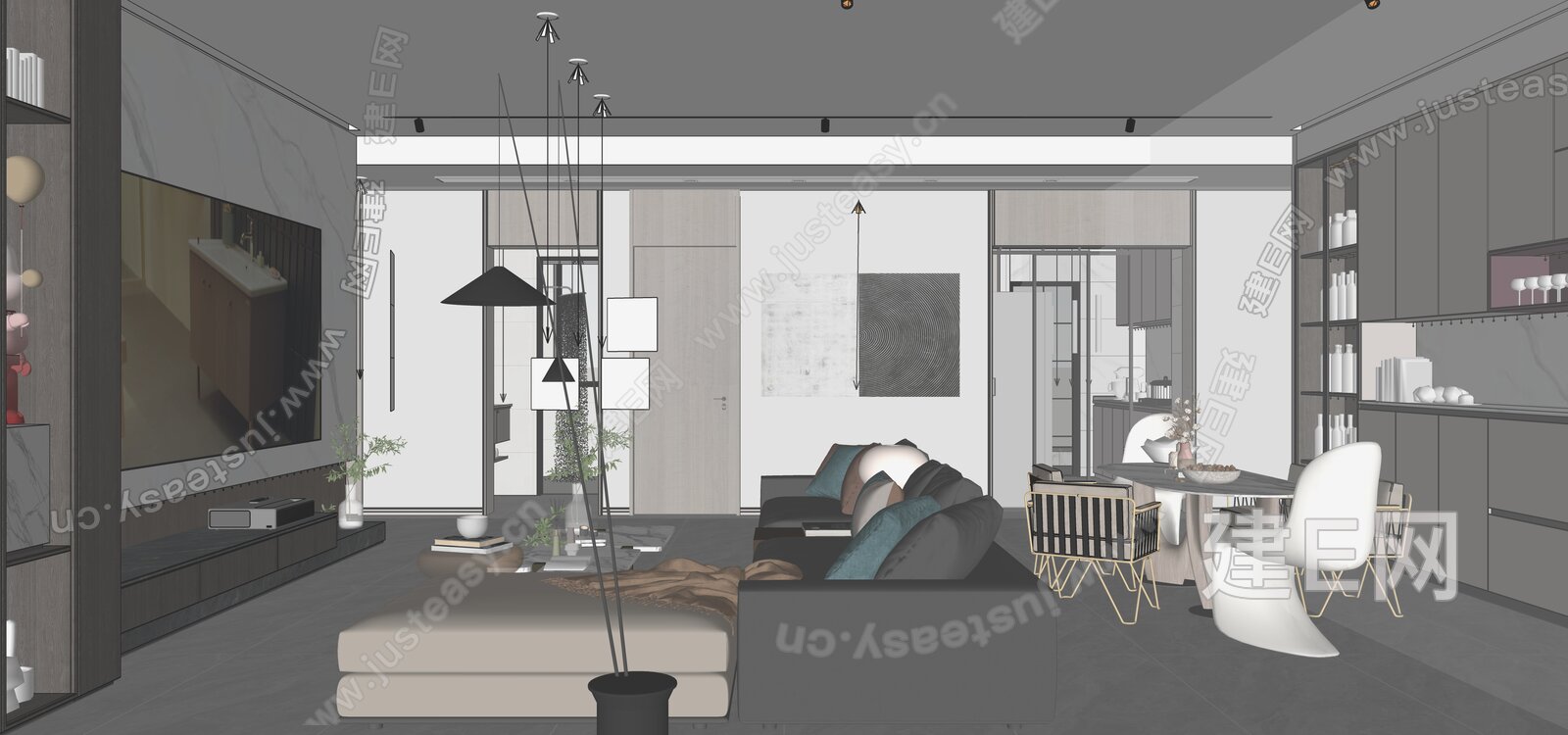 现代极简客餐厅组合模型SU模型下载[ID:115689576]_建e网su模型