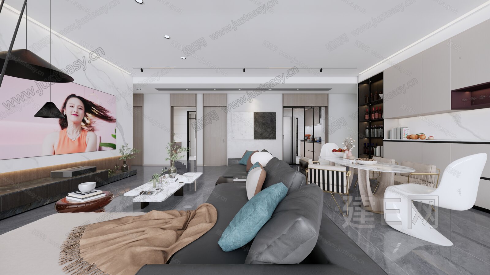 现代极简客餐厅组合模型SU模型下载[ID:115689576]_建e网su模型