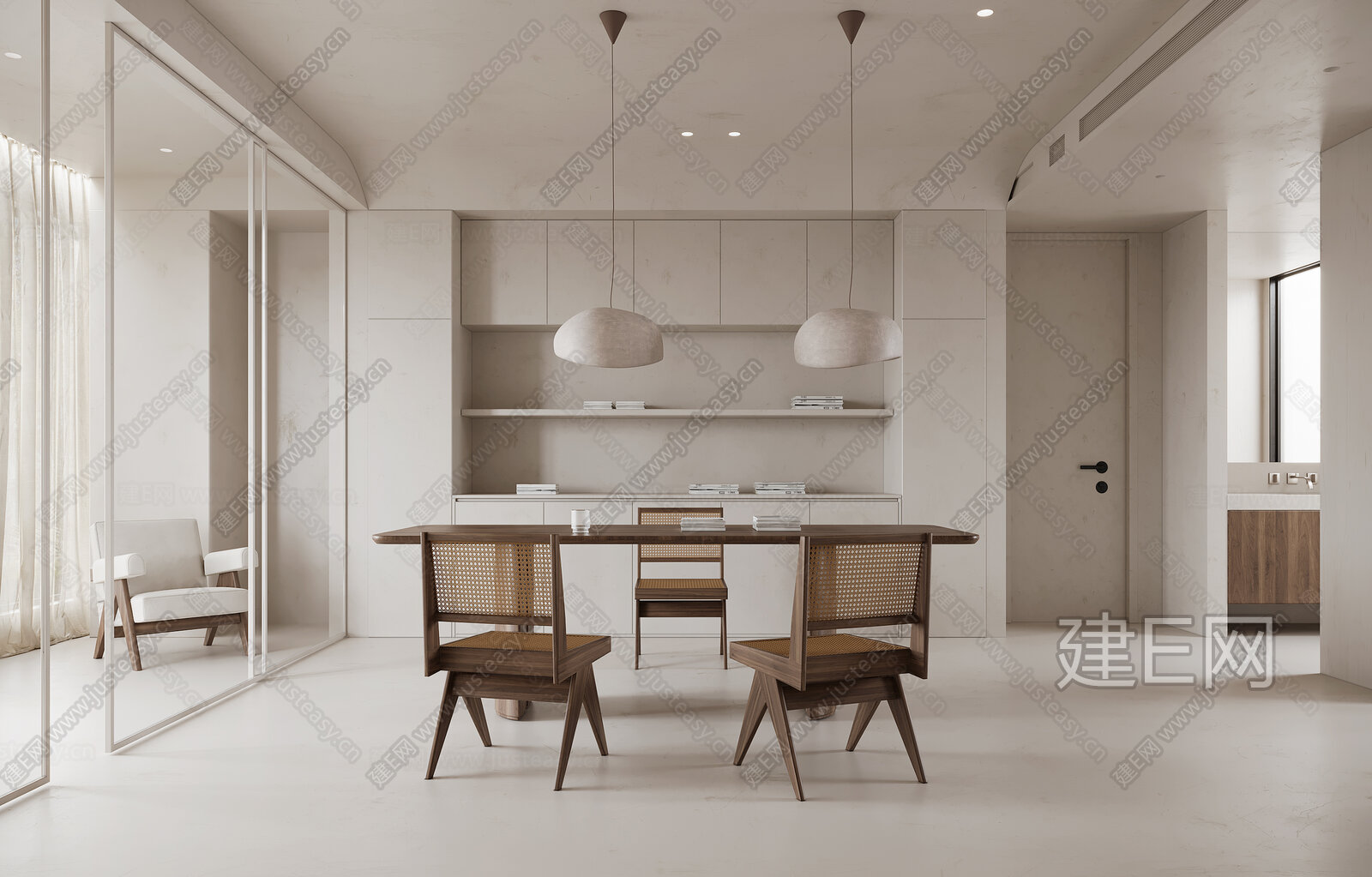 现代奶油风餐厅3d模型下载[ID:108548891]_建e网3d模型