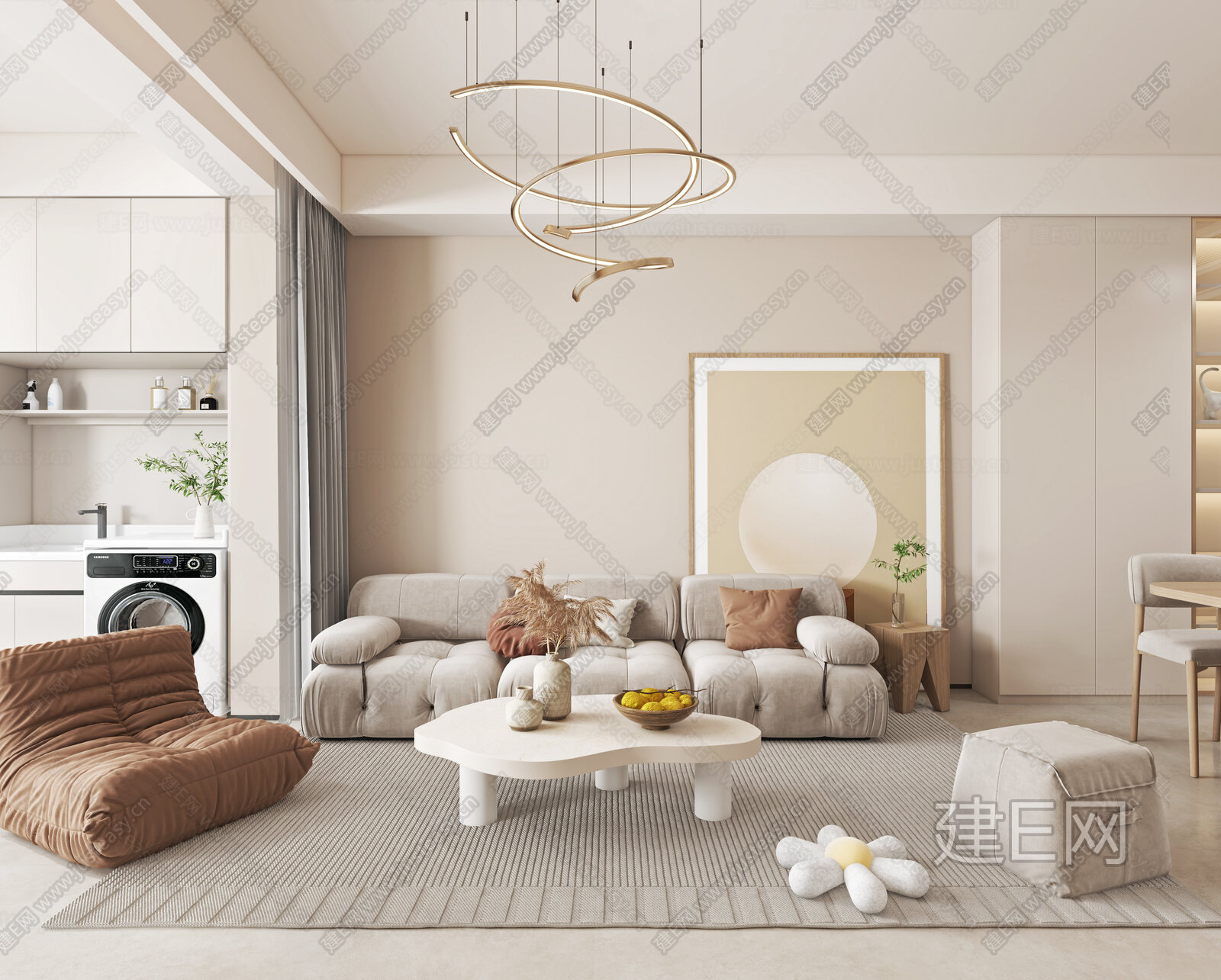 现代奶油风客厅3d模型下载[ID:108548955]_建e网3d模型