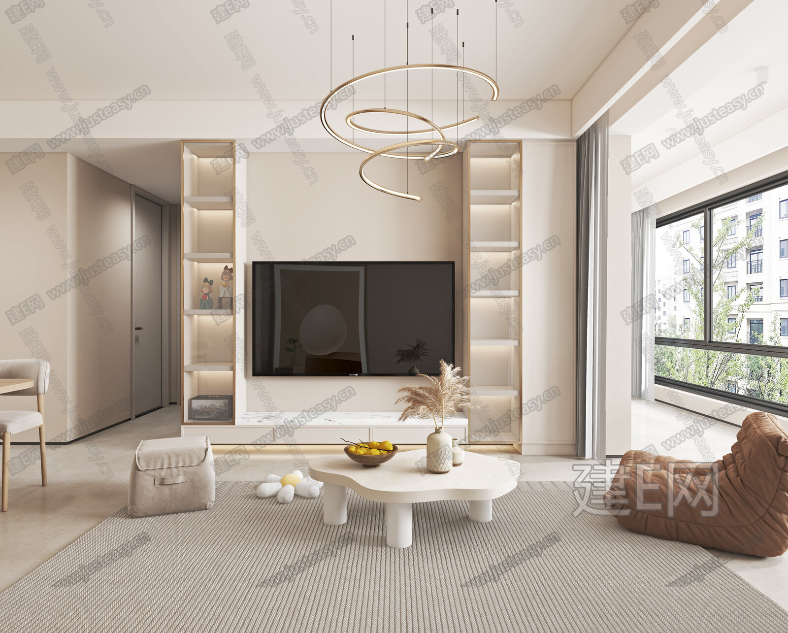 现代奶油风客厅3d模型下载[ID:108548955]_建e网3d模型